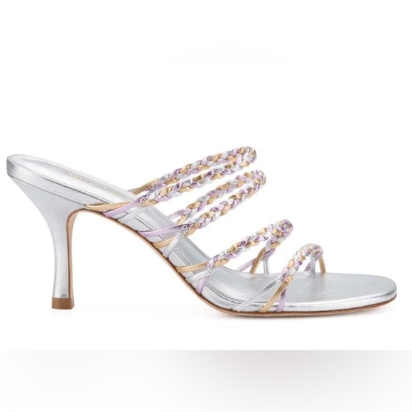 Larroude Ibiza Mules Silver Metallic Woven Braid Strap Heel Sandals size 7 - Picture 2 of 11